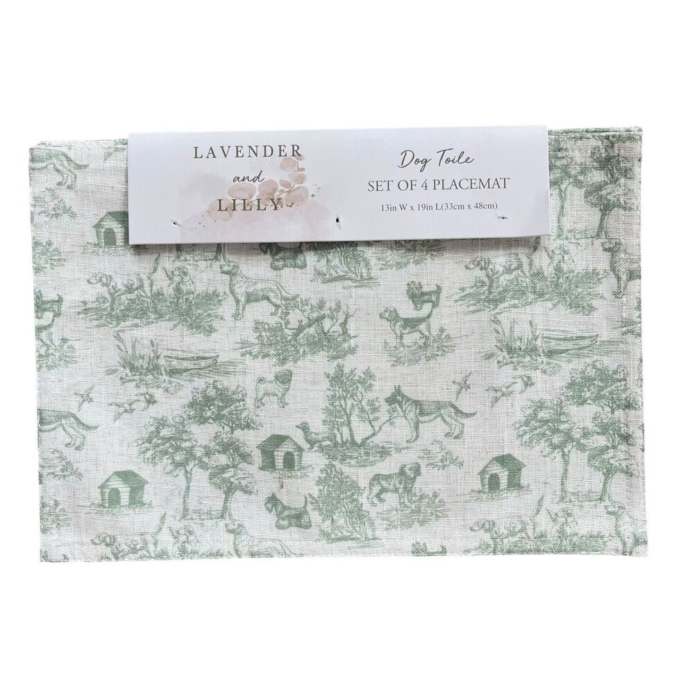 Set of 4 Dog Toile Placemats Green Ivory Puppy Scenic Linen Blend Cottage NWT